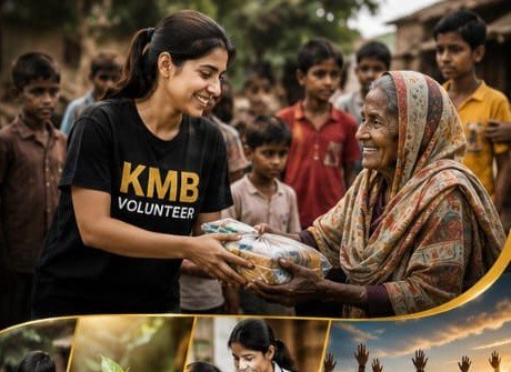 Volunteer with community crowd